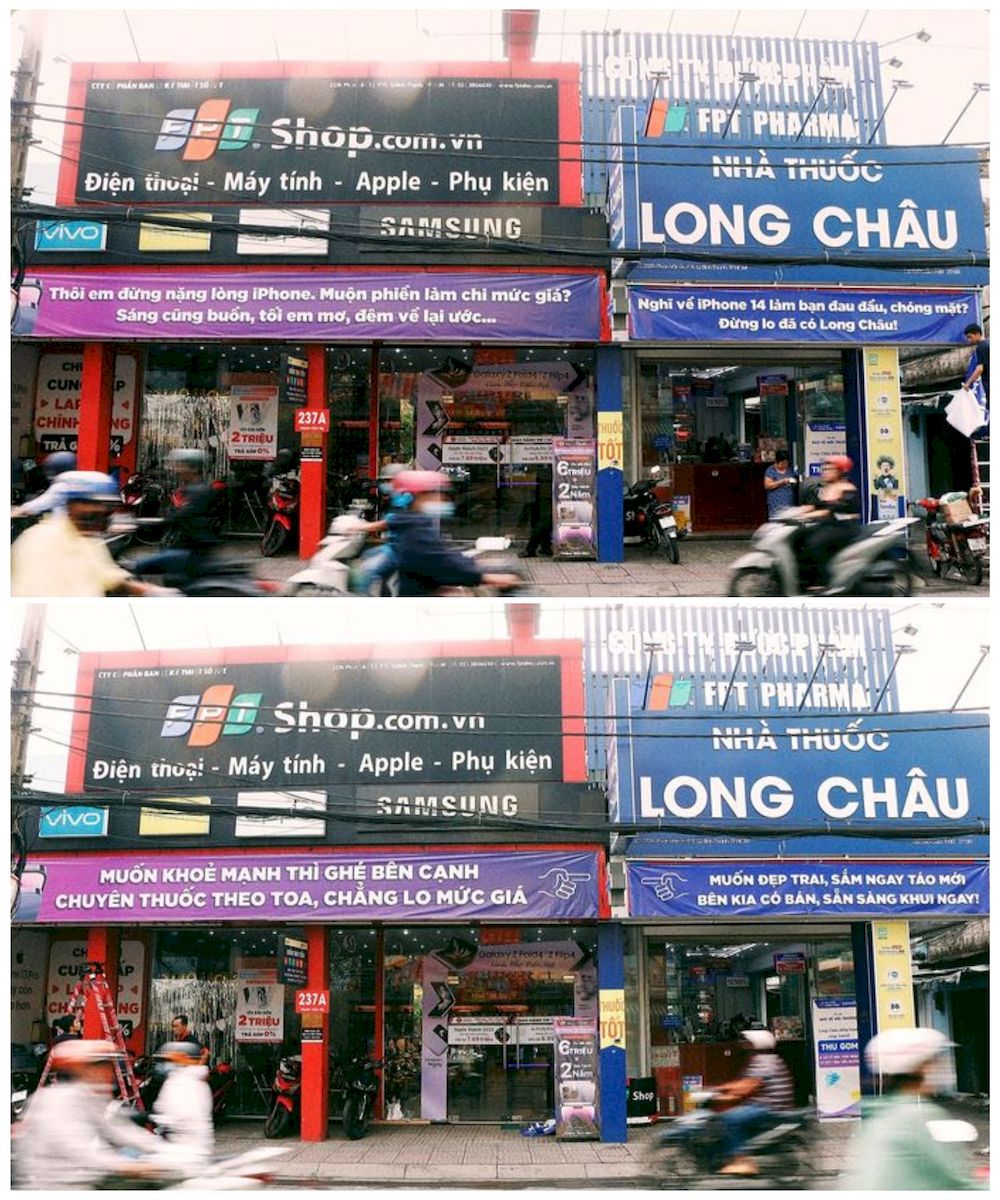 Creative OOH #26: Màn đối đáp đầy thú vị trên Banner quảng cáo của FPT Shop và Nhà thuốc FPT Long Châu