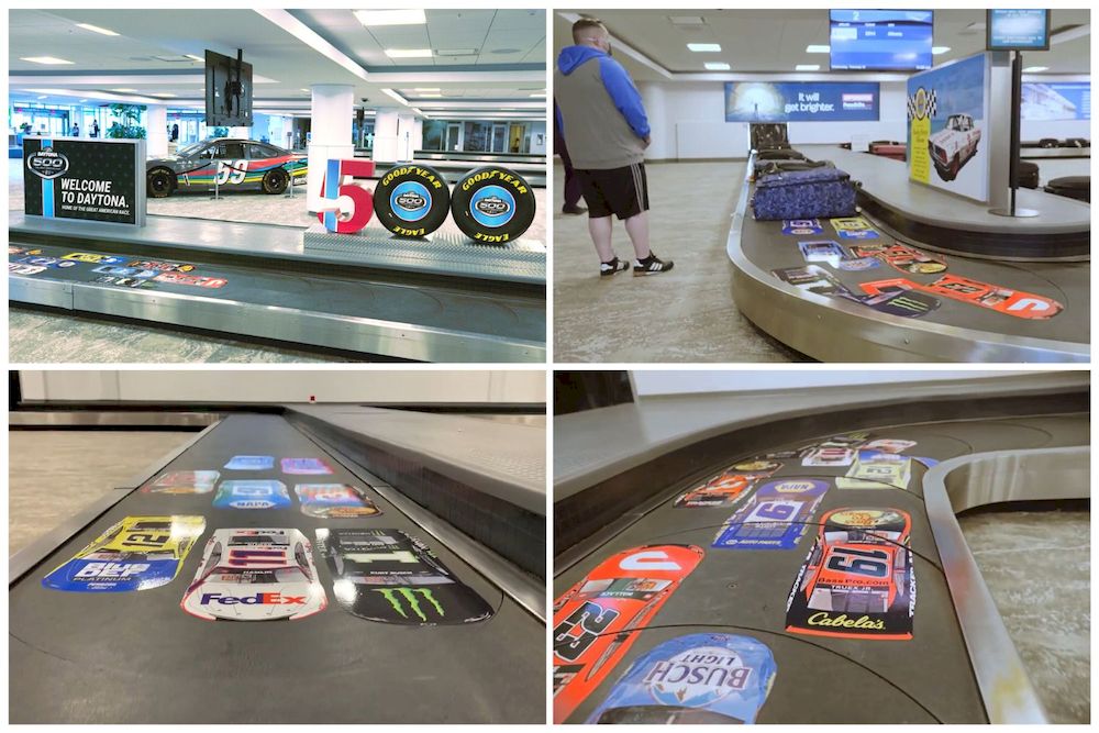 Creative OOH: Ý tưởng quảng cáo sân bay sáng tạo của NASCAR, biến băng chuyền hành lý thành đường đua xe